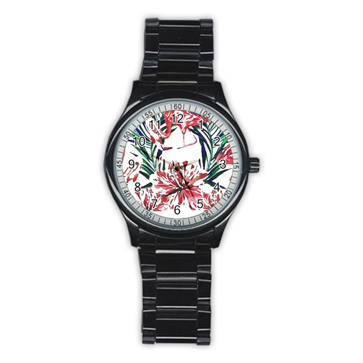 Botanical T- Shirt Botanical Pattern Hummingbird T- Shirt Stainless Steel Round Watch