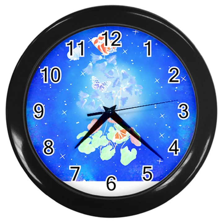 Butterflies T- Shirt Serenity Blue Floral Design With Butterflies T- Shirt Wall Clock (Black)