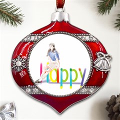 Happy Metal Snowflake And Bell Red Ornament