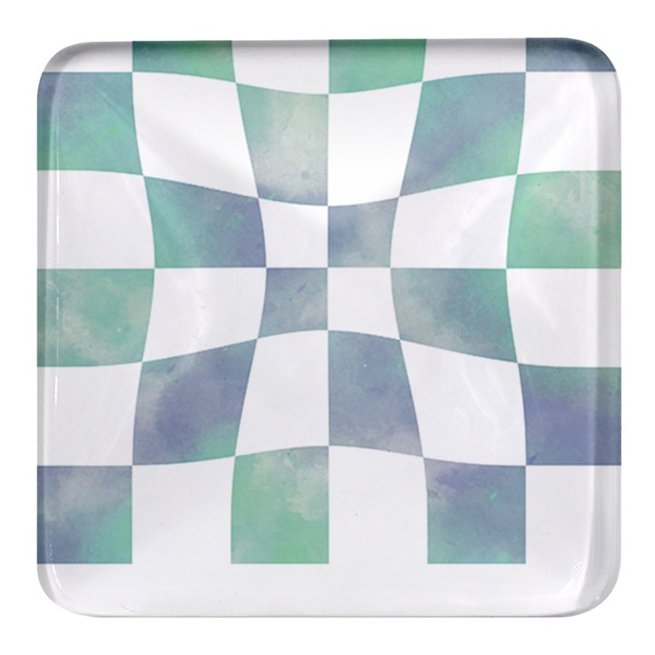 Checkerboard T- Shirt Psychedelic Watercolor Check Aqua T- Shirt Square Glass Fridge Magnet (4 pack)