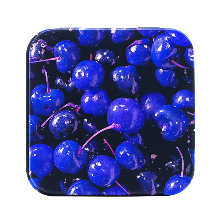 Cherry T- Shirt Blue Purple Cherries Fruit Photograph T- Shirt Square Metal Box (Black)