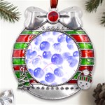 Cherry T- Shirt Blue Purple Cherries Fruit Photograph T- Shirt Metal X Mas Ribbon With Red Crystal Round Ornament Front