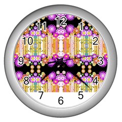 Colorful Flowers Pattern T- Shirt Colorful Wild Flowers T- Shirt Wall Clock (Silver)