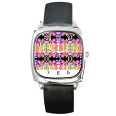 Colorful Flowers Pattern T- Shirt Colorful Wild Flowers T- Shirt Square Metal Watch