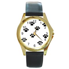 Dog Paw Print T- Shirt Paw Pattern 6 Round Gold Metal Watch by EnriqueJohnson