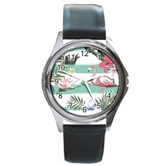 Flamingos T- Shirt Flamingos Tropical Pattern T- Shirt Round Metal Watch by EnriqueJohnson