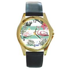 Flamingos T- Shirt Flamingos Tropical Pattern T- Shirt Round Gold Metal Watch by EnriqueJohnson