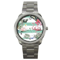 Flamingos T- Shirt Flamingos Tropical Pattern T- Shirt Sport Metal Watch by EnriqueJohnson