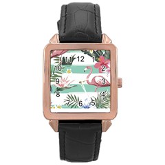 Flamingos T- Shirt Flamingos Tropical Pattern T- Shirt Rose Gold Leather Watch  by EnriqueJohnson