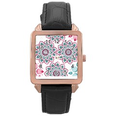 Floral Mandala T- Shirt Colorful Lotus Flower Mandala Art Pattern Rose Gold Leather Watch  by EnriqueJohnson