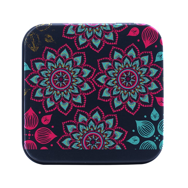 Floral Mandala T- Shirt Colorful Lotus Flower Mandala Art Pattern Square Metal Box (Black)