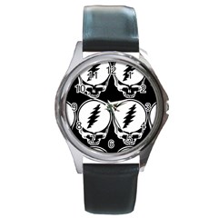 Black And White Deadhead Grateful Dead Steal Your Face Pattern Round Metal Watch by Sarkoni