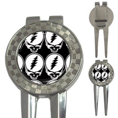 Black And White Deadhead Grateful Dead Steal Your Face Pattern 3-in-1 Golf Divots by Sarkoni