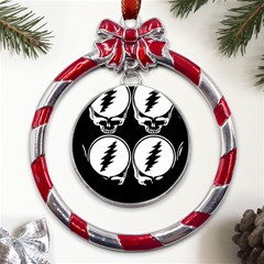 Black And White Deadhead Grateful Dead Steal Your Face Pattern Metal Red Ribbon Round Ornament by Sarkoni