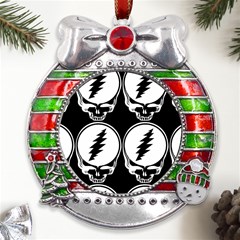 Black And White Deadhead Grateful Dead Steal Your Face Pattern Metal X mas Ribbon With Red Crystal Round Ornament by Sarkoni