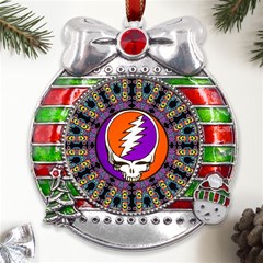 Gratefuldead Grateful Dead Pattern Metal X mas Ribbon With Red Crystal Round Ornament by Sarkoni