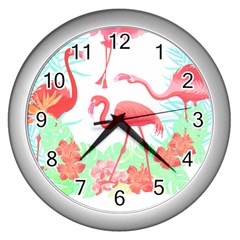 Flower Flamingo T- Shirt Floral Birds Flower Flamingo T- Shirt Wall Clock (silver) by EnriqueJohnson