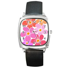 Flower Illustration T- Shirtcolorful Blooming Flower, Blooms, Floral Pattern T- Shirt Square Metal Watch by EnriqueJohnson