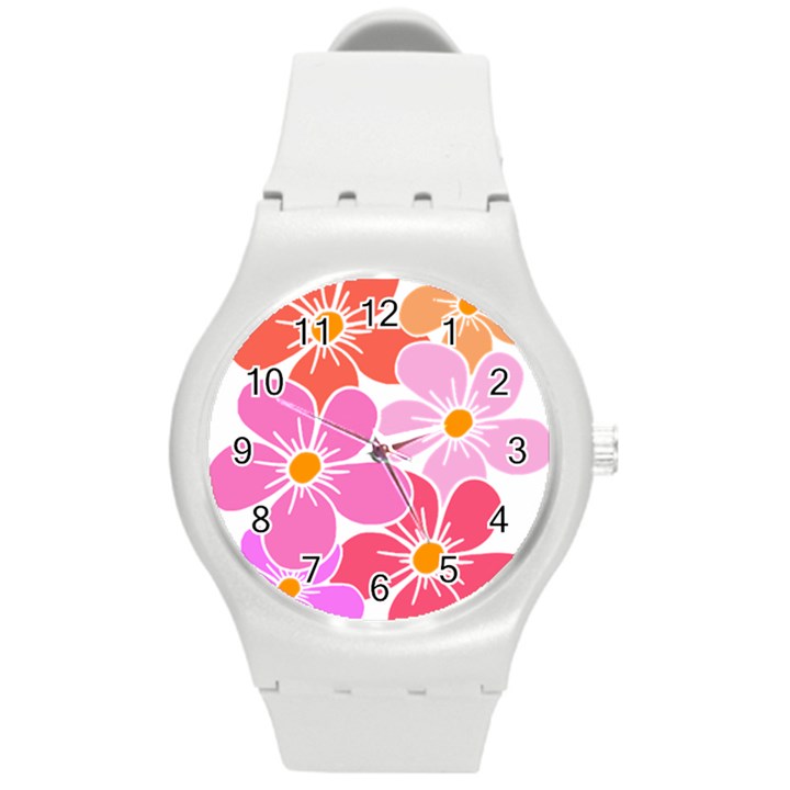 Flower Illustration T- Shirtcolorful Blooming Flower, Blooms, Floral Pattern T- Shirt Round Plastic Sport Watch (M)