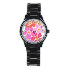 Flower Illustration T- Shirtcolorful Blooming Flower, Blooms, Floral Pattern T- Shirt Stainless Steel Round Watch by EnriqueJohnson