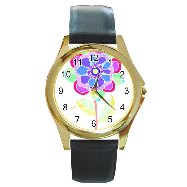 Flower Illustration T- Shirtflower T- Shirt Round Gold Metal Watch