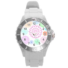 Flower Pattern T- Shirt Colorful Groovy Flower Pattern Outline T- Shirt Round Plastic Sport Watch (l) by EnriqueJohnson