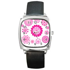 Flower Pattern T- Shirt Pink Psychedelic Floral Power Pattern T- Shirt Square Metal Watch