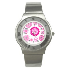 Flower Pattern T- Shirt Pink Psychedelic Floral Power Pattern T- Shirt Stainless Steel Watch by EnriqueJohnson