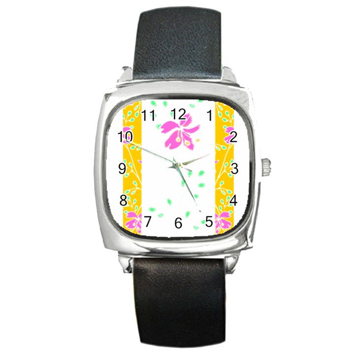 Flowers Illustration T- Shirtflowers T- Shirt (2) Square Metal Watch