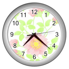 Flowers Illustration T- Shirtflowers T- Shirt (8) Wall Clock (Silver)