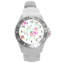 Flowers T- Shirt Batik Flower  Pattern T- Shirt Round Plastic Sport Watch (L)