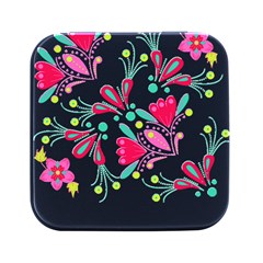 Flowers T- Shirt Batik Flower Pattern T- Shirt Square Metal Box (black)