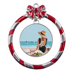 Rest By The Sea Metal Red Ribbon Round Ornament by SychEva