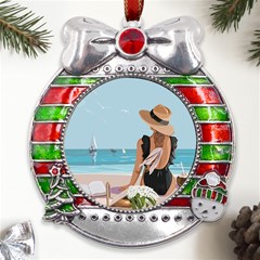 Rest By The Sea Metal X mas Ribbon With Red Crystal Round Ornament by SychEva