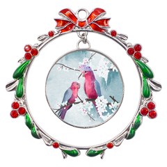 Watercolor Parrot Metal X mas Wreath Ribbon Ornament by SychEva