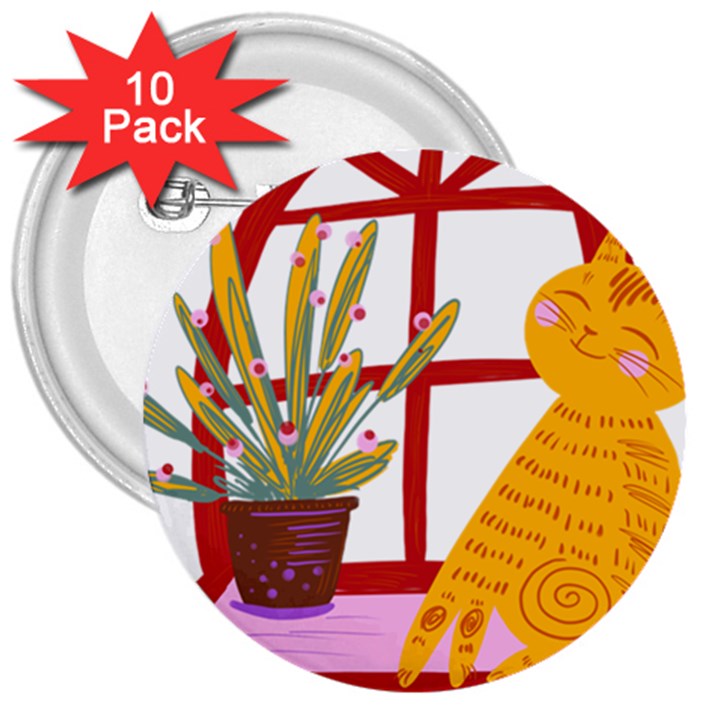 Cat Pet Ginger Art Animal Cartoon 3  Buttons (10 pack) 