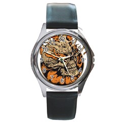 Human Skull  Skull Art Skeleton Illustration Round Metal Watch