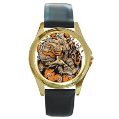 Human Skull  Skull Art Skeleton Illustration Round Gold Metal Watch