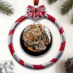 Human Skull  Skull Art Skeleton Illustration Metal Red Ribbon Round Ornament by uniart180623