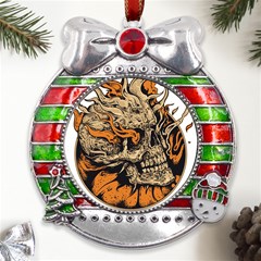 Human Skull  Skull Art Skeleton Illustration Metal X Mas Ribbon With Red Crystal Round Ornament