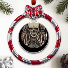 Gray And Multicolored Skeleton Illustration Metal Red Ribbon Round Ornament by uniart180623