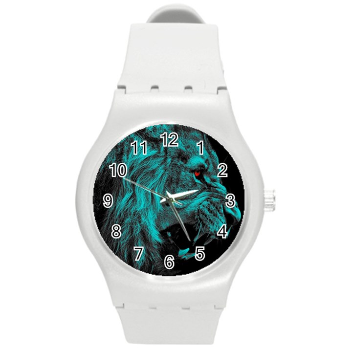 Angry Male Lion Predator Carnivore Round Plastic Sport Watch (M)