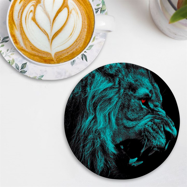 Angry Male Lion Predator Carnivore UV Print Round Tile Coaster