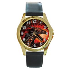 Dragon Round Gold Metal Watch by uniart180623