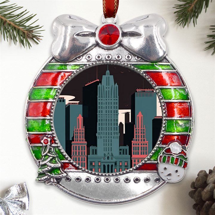 New York City Nyc Skyline Cityscape Metal X Mas Ribbon With Red Crystal Round Ornament