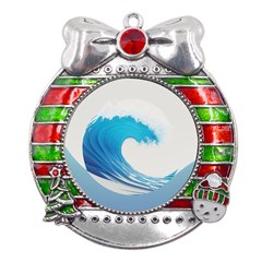 Wave Tsunami Tidal Wave Ocean Sea Water Metal X mas Ribbon With Red Crystal Round Ornament by uniart180623