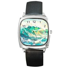 Waves Ocean Sea Tsunami Nautical Painting Square Metal Watch by uniart180623