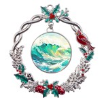 Waves Ocean Sea Tsunami Nautical Painting Metal X mas Wreath Holly leaf Ornament Front