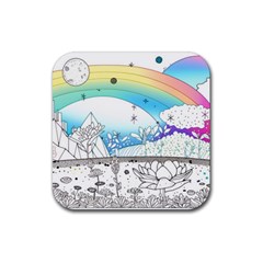 Rainbow Fun Cute Minimal Doodle Drawing Rubber Coaster (square) by uniart180623