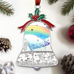 Rainbow Fun Cute Minimal Doodle Drawing Metal Holly Leaf Bell Ornament